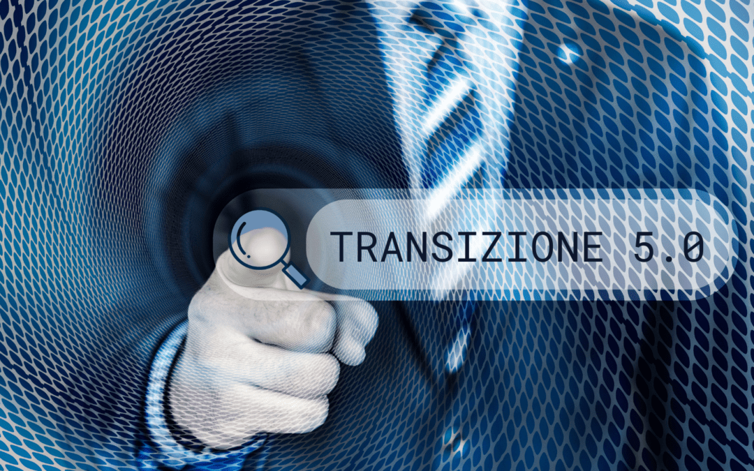 "Digitalizzazione" - Uomo che punta verso una lente d'ingrandimento in un contesto digitale, ricercando il Piano Transizione 5.0