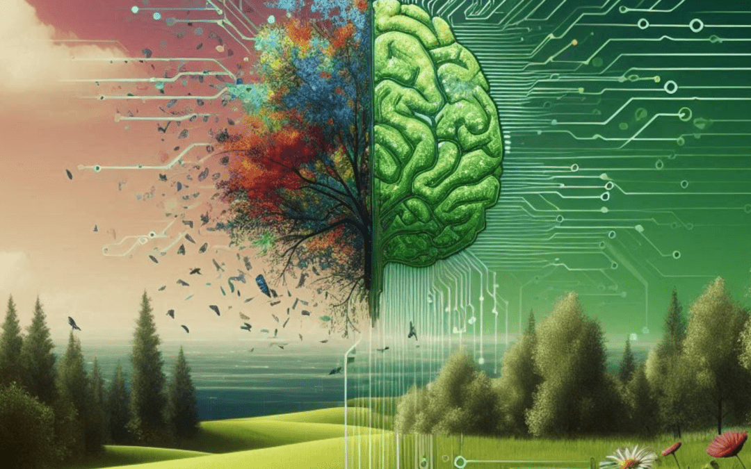 Immagine di un cervello verde con circuiti elettronici che si trasforma in un albero colorato, rappresentando l'incontro tra intelligenza artificiale e sostenibilità ambientale.