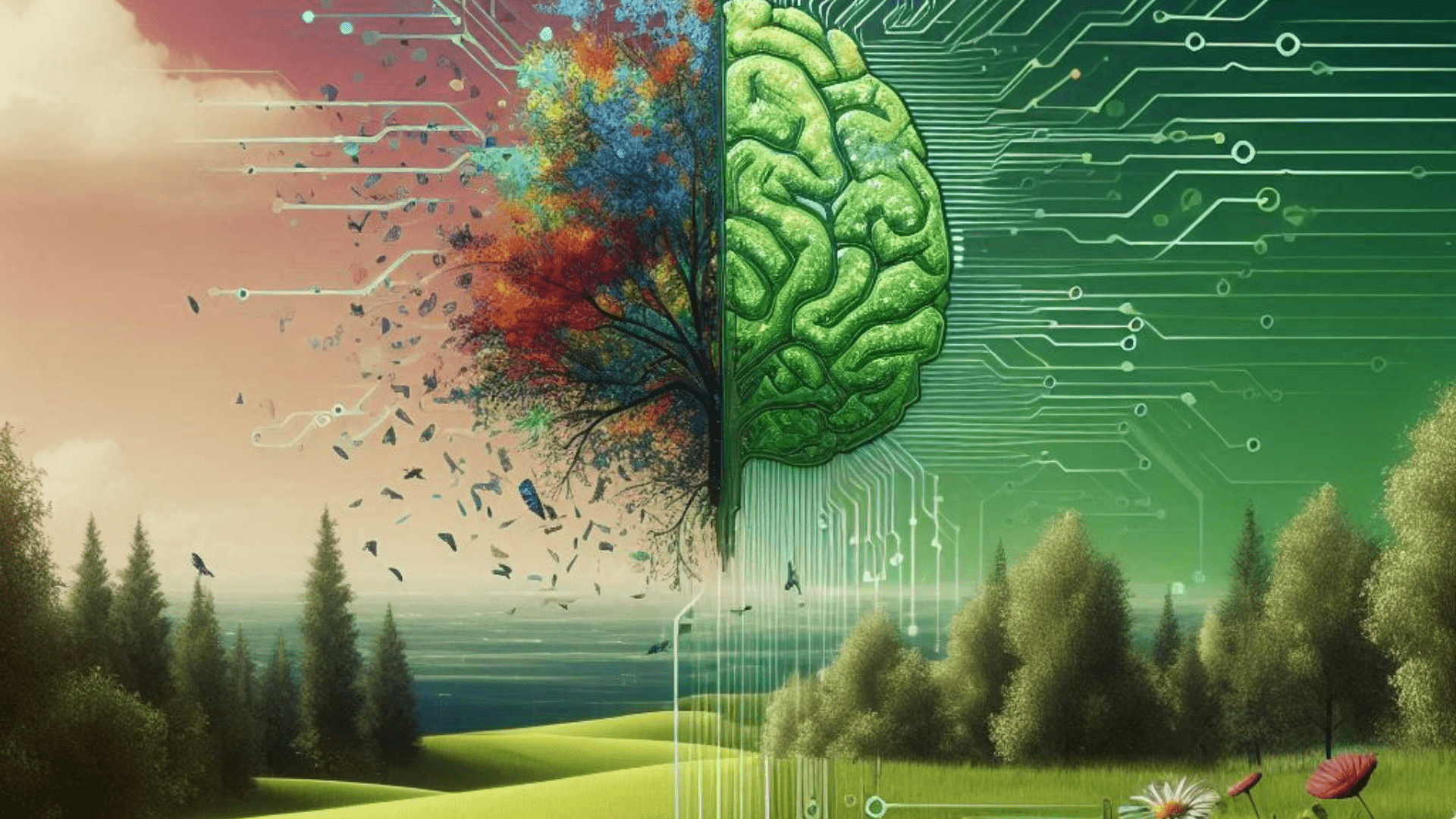Immagine di un cervello verde con circuiti elettronici che si trasforma in un albero colorato, rappresentando l'incontro tra intelligenza artificiale e sostenibilità ambientale.
